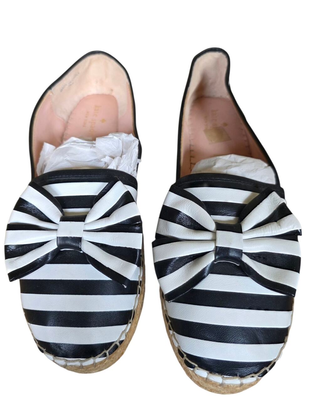 Kate Spade NY LINDS Striped Leather Bow Espadrille Flats Black White Sz 9